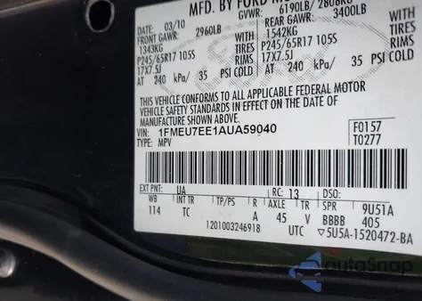 2010 Ford Explorer Eddie Bauer from USA, damaged, VIN 1FMEU7EE1AUA59040